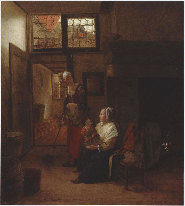 Pieter de Hooch - Interior with mother and child and a maid sweeping ca. 1655-1657